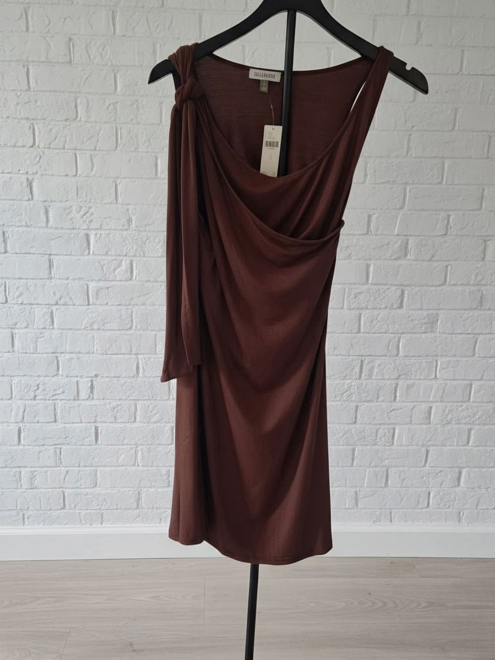 NWT Anthropologie One-Shoulder Draped Knot Dress in Chocolate Brown